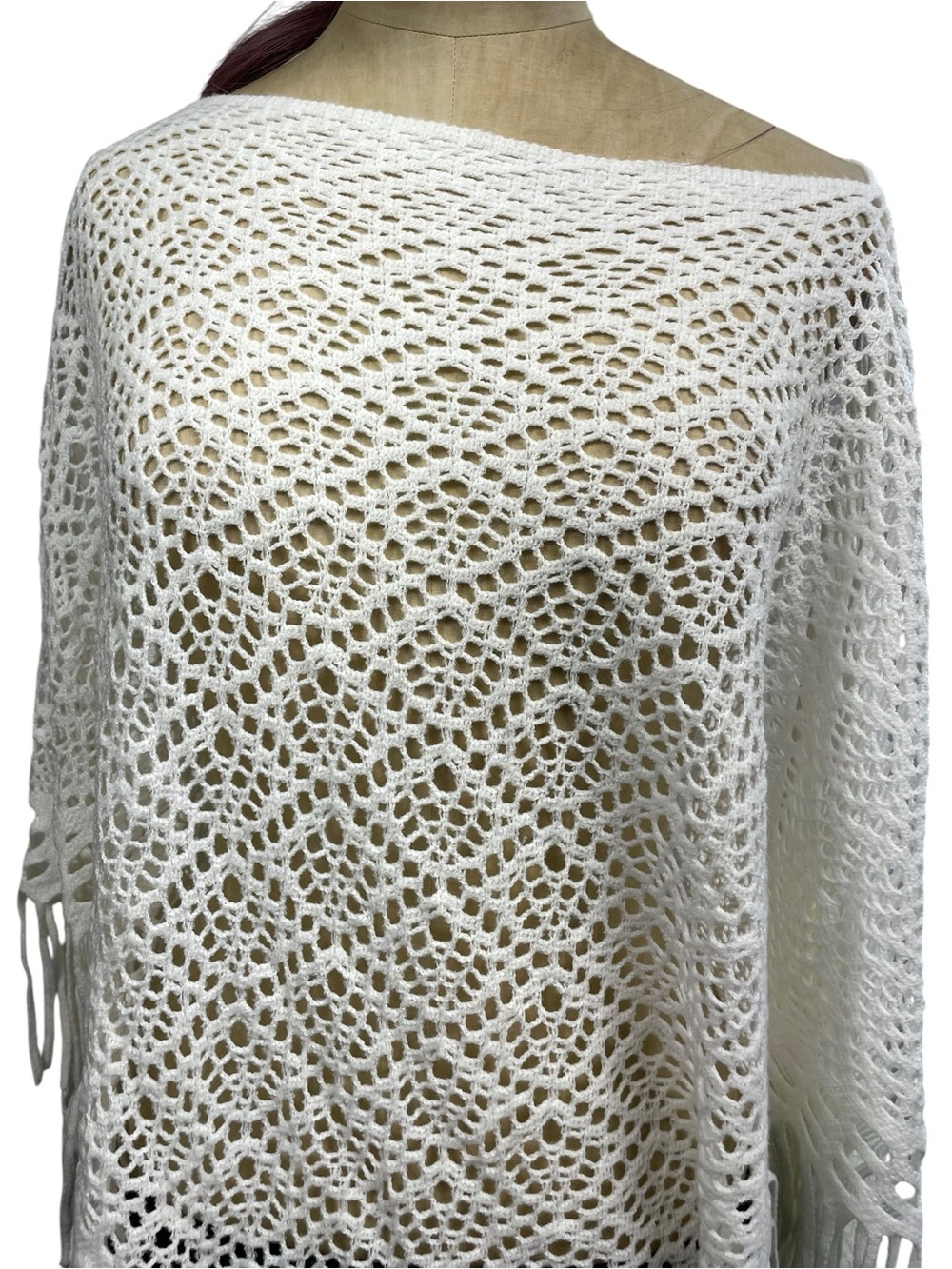 White Open Knit Poncho Crochet Boho Cape Fringe One Size Soft Cottage Whimsy - Picture 4 of 12